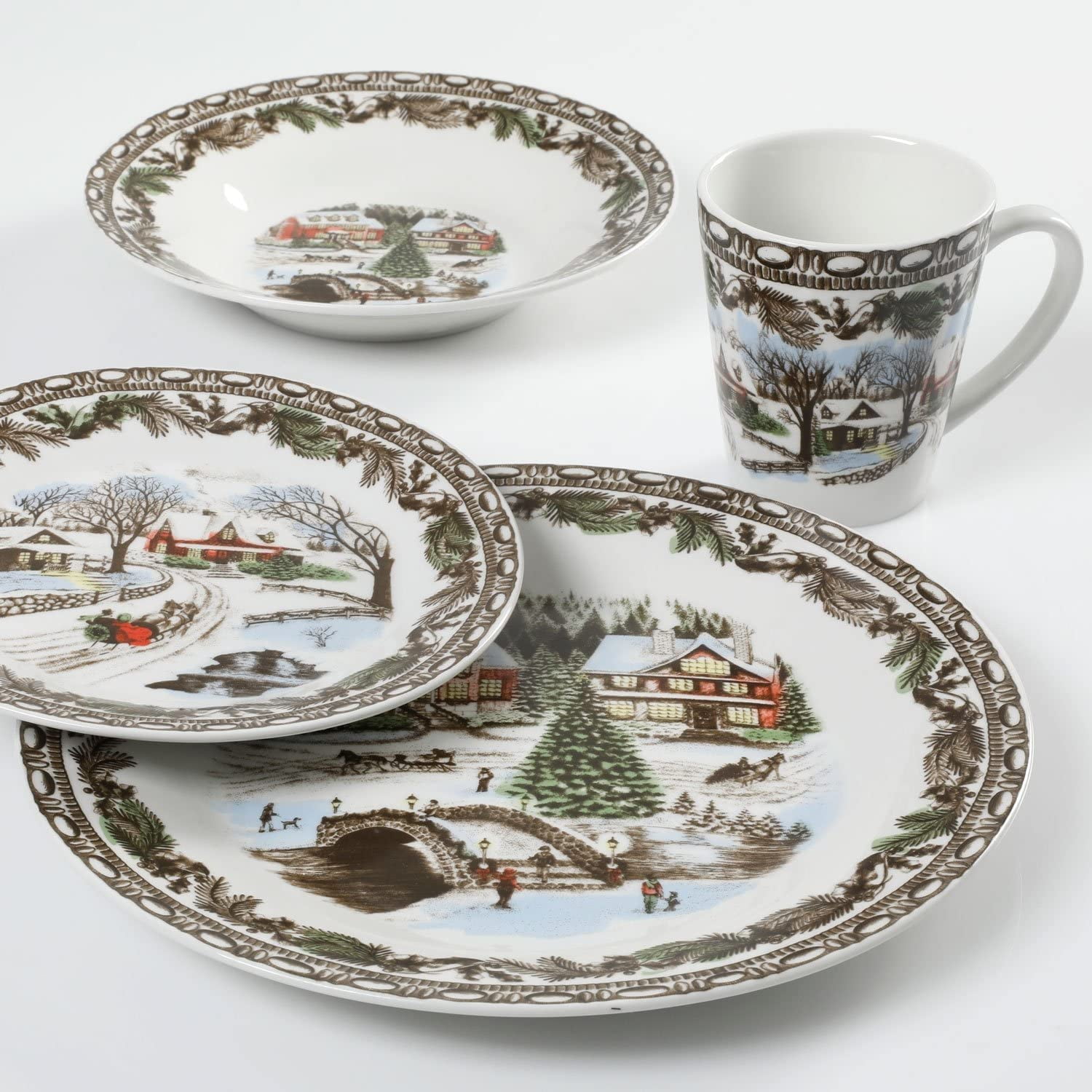 Multicolor Gibson Home Christmas Toile 16 Piece Dinnerware Set 